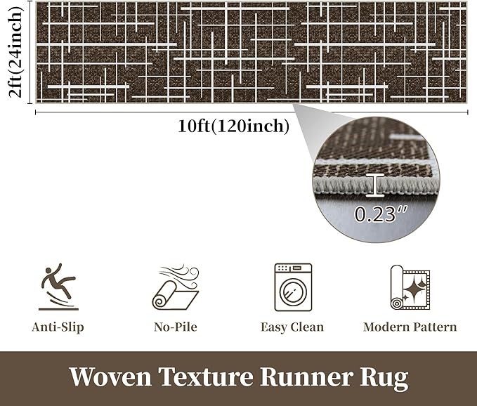Non Slip Hallway Runner Rug 2x10, Brown Modern Distressed Stripe, Washable Long Rug, Woven Thin Low Pile Carpet Runners for Hallway 10ft Entryway, Kitchen, Walkway- Brown