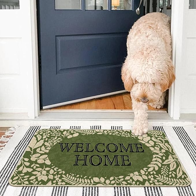 Welcome Spring Door Mat Green Leaves Doormat Indoor Outdoor Entrance Summer Decor Outdoor Rug Low-Profile Floor Rug Non Slip Spring Summer Decor Rubber Mats for Home Decoration 17x29Inch