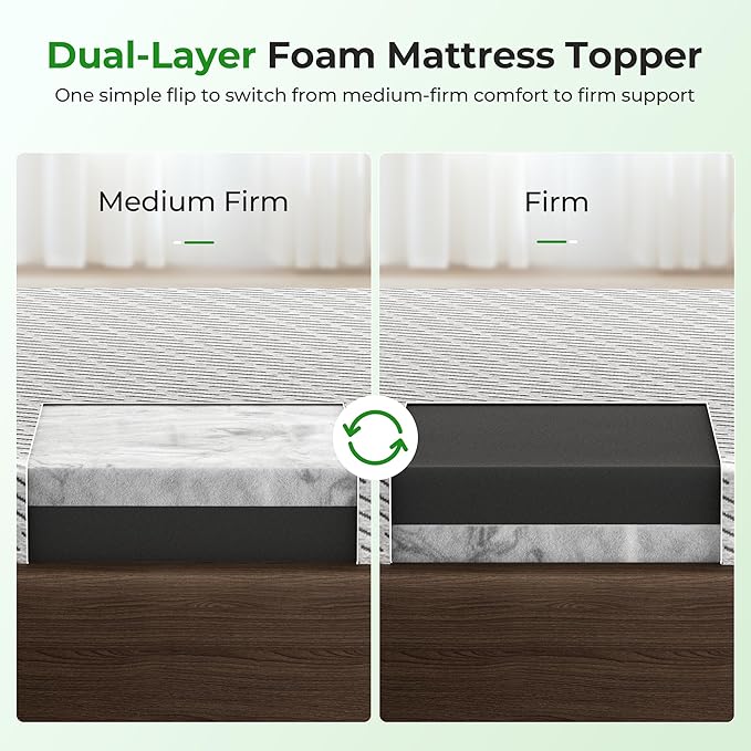 Bamboo Mattress Topper Twin Size 2 Inch, Cooling Gel & Bamboo Charcoal Memory Foam Mattress Topper for Back Pain Relief, Firm Dual-Layer Foam Bed Pad with Removable Cover College Dorm