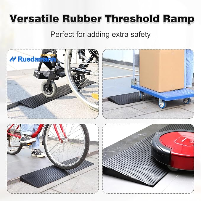 Ruedamann 1.8" Rise Threshold Ramp for Doorways, Sturdy Rubber Threshold Ramp, Non-Slip Power Door Ramps for Wheelchairs is Adjustable and Cuttable for Doorways,Curb, Scooters, Driveways