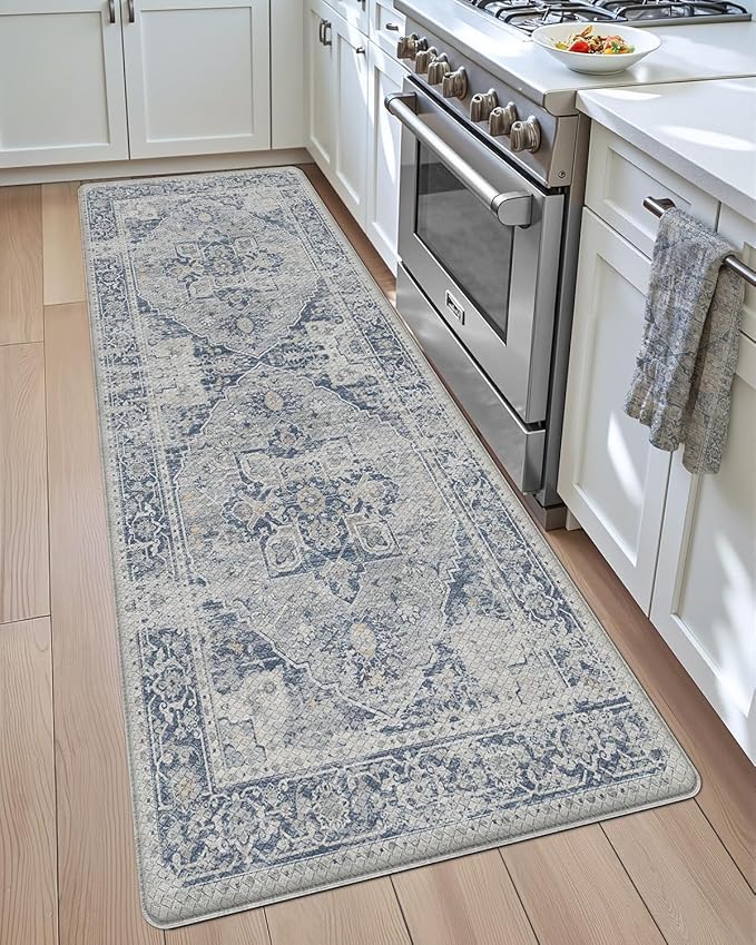 DEXI Kitchen Floor Mats Anti Fatigue, 23x59 Large Cushioned Vintage Runner Rug Waterproof, Standing Comfort Memory Foam Padded for Front Sink Laundry Office, Light Grey and Blue
