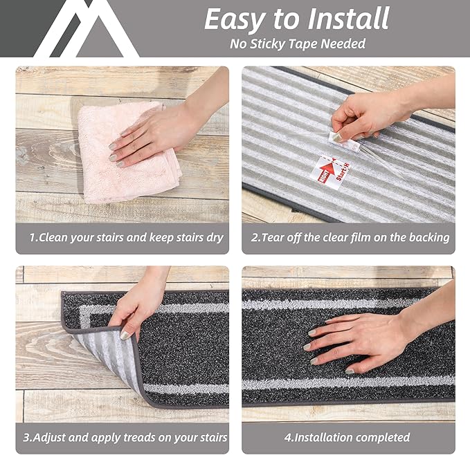 COSY HOMEER Soft Stair Treads Non-Slip Carpet Mat 28inX9in Indoor Stair Runners for Wooden Steps,Stair Rugs for Kids and Dogs, 100% Polyester TPE Backing 7pcs,Black,Square