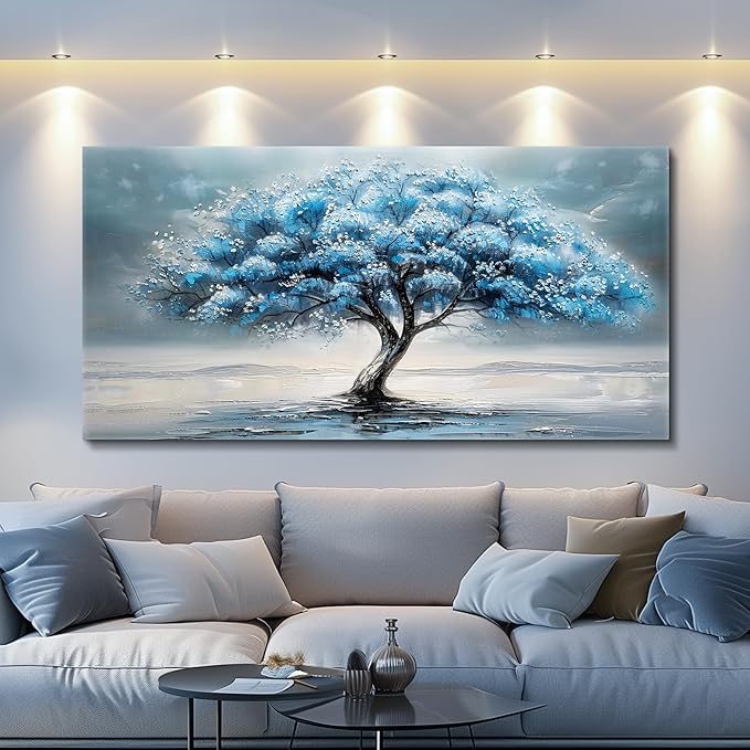 FUHAIHUA Large Wall Decor For Living Room Canvas Wall Art For Bedroom Office Decorations Blue Tree Paintings Abstract Wall Pictures Artworks ReadyTo Hang Framed Mural Home Decor Posters Art 60"X30"