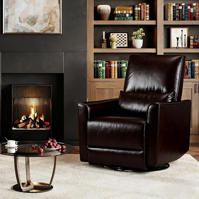 IDEALHOUSE Swivel Rocking Nursery Recliner Chair Rocker Recliner Glider Deep Seat PU Leather Sofa Chair with high Backrest for Nursery, Living Room, Bedroom & Home Movie Theater (Dark Brown)