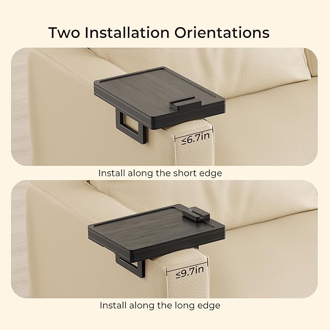 Wealone Black Couch Arm Tray for Wide Couch, Bamboo Sofa Arm Clip Table with Storage Box, Couch Armrest Tray with 360°Rotating Phone Holder, Sofa Arm Table Clip for Eating, Drinks or Dining