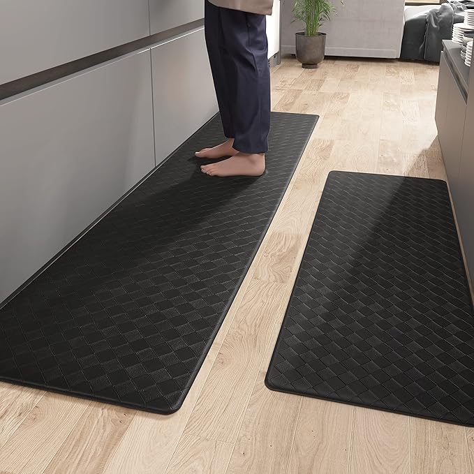 Color&Geometry Anti Fatigue Cushioned Checkered Designed Kitchen Mats Set, Easy Clean, Waterproof & Oil Proof Kitchen Floor Mat, Anti Slip Runner for Front Sink Comfort Standing,17x47+17x71,Black