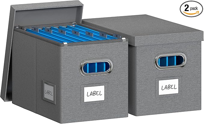 Hanging File Box with Lid, Set of 2 Filing Organizer Storage Box, Linen Collapsible Decorative Office/Home File Cabinet (14x9.3x10.9 inch) (Gray)