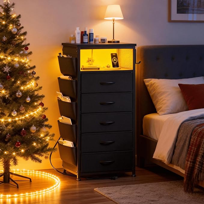 EnHomee Tall Night Stand with 5 Drawers, LED Nightstand with Ports & Outlets, Bedside Table with Extra Side Bag & Storage Shelf & Hooks, Bedroom, Dorm, Closet