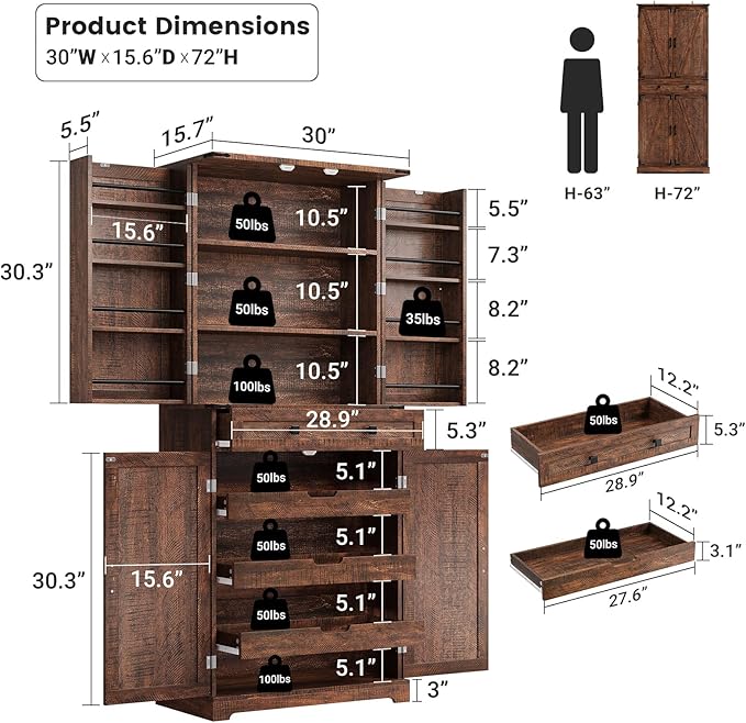 ELYKEN 72" Tall Kitchen Pantry Cabinet, Rustic Brown Farmhouse Pantry with Large Food Storage for Kitchen Dining Room Living Room