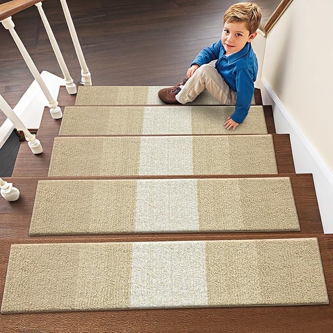 OLANLY Stair Treads Non Slip 15PCS, 8" x 30" Indoor Stair Runners for Wooden Steps, Edging Stair Rugs with Reusable Peel and Stick Adhesive for Kids Elders and Pets, Beige