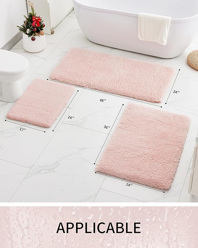 Bathroom Rugs 48x24, Ultra Thick Shaggy Soft Microfiber Absorbent Bath Rug, High Density Foam Latex Non Slip Backing, Machine Washable Bath Mats for Bathroom Floor & Sink, Pink