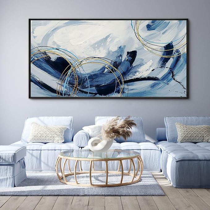yiijeah Wall Art for Living Room - Navy Blue Large Canvas Wall Art for Farmhouse Wall Decor Abstract Paintings Modern Framed Artwork for Walls Blue and White Bedroom Office Contempor Decoration