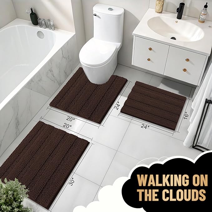 OLANLY Thick Bathroom Rugs 36x24, Extra Soft Absorbent Chenille Striped Bath Rugs, Rubber Backing, Machine Wash Dry, Bath Mats for Bathroom Floor, Tub and Shower, Home Decor Accessories, Brown