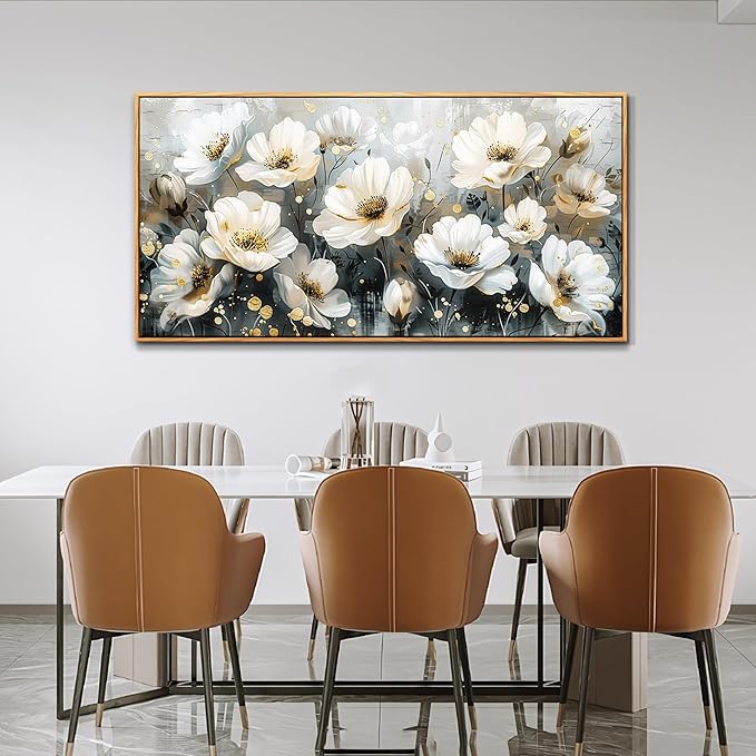 PHAOHUAXM Large Canvas Wall Decor For Living Room Wall Art For Bedroom Office Wall Decorations Print White Ink-Wash Flower-Shaped Wooden Frame Artwork Stretched and Frame Posters Home Decor 24"X48"