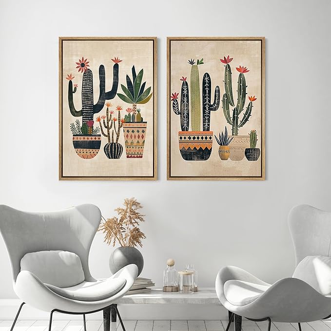 MUDECOR Framed Canvas Print Wall Art Set Mexican Cactus Tropical Botanical llustrations Modern Art Decorative Bohemian Calm/Zen for Living Room, Bedroom, Office - 24"x36"x2 Natural