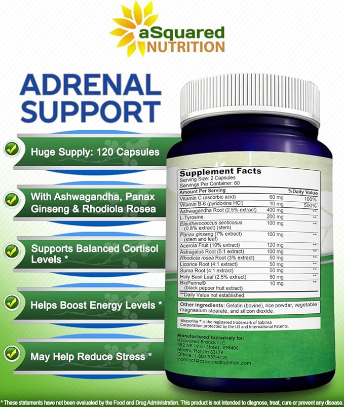 aSquared Nutrition Adrenal Support & Cortisol Manager Supplement (120 Capsules)-Adrenal Health w/Vitamin C Complex Pills to Support Fatigue & Stress Relief-Ashwagandha, L-Tyrosine, Rhodiola & Ginseng
