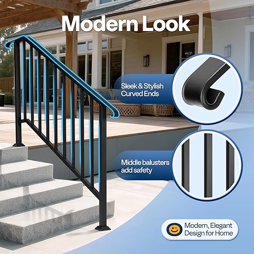 VIVOHOME 2-Pack 5 Step Galvanized Steel Hand Rails for Outdoor Steps – Curved Ends and Safety Balusters Exterior Railing for Porch, Deck, or Indoor Stairs, Complete Installation Kit