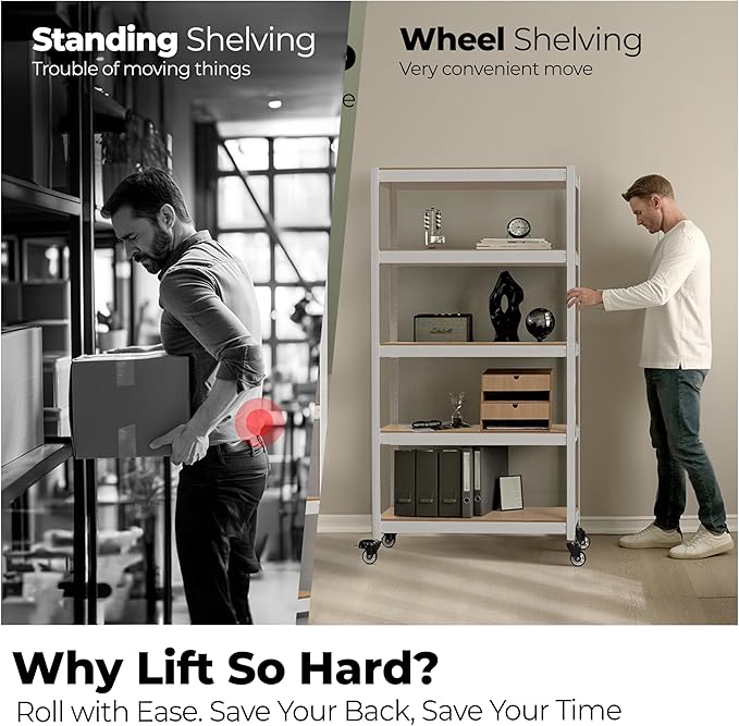 HOMEDANT House 5-Tier Metal Rolling Cart Shelf Rack Casters Heavy Duty Laminated Wheel Shelving Unit Adjustable Utility Storage Shelves Organizer Shelf Kitchen Garage (3, (M) 36.2" W, White)