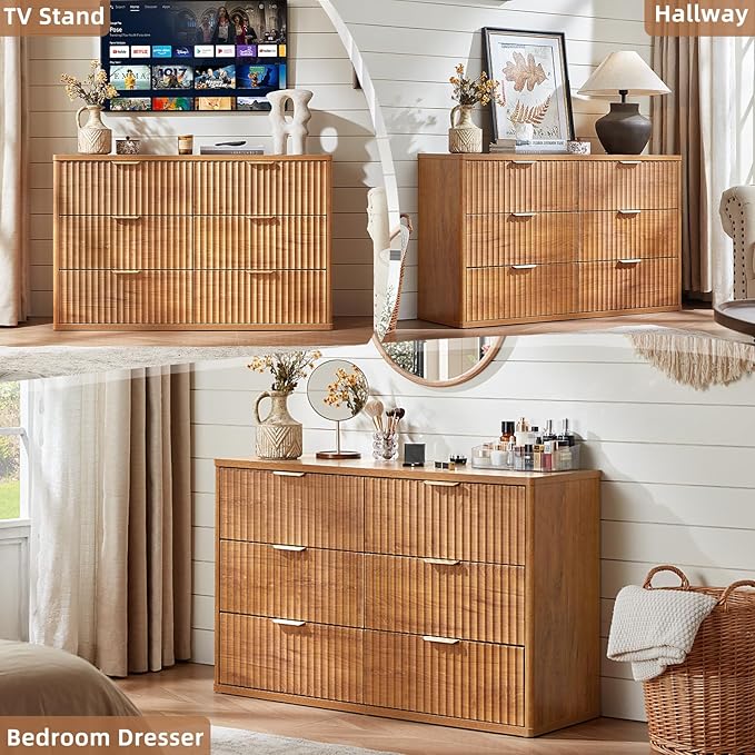 LEYAOYAO Fluted 6 Drawers Dresser, 48" Wide Modern Chest of Drawers with Wood Grain Top, Curved Profile Design, Dresser TV Stand, Wood Drawer Organizer for Bedroom, Living Room, Hallway,Brown