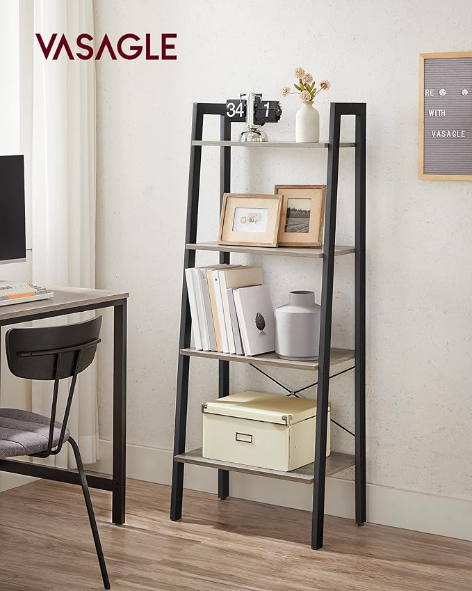 VASAGLE Ladder Shelf, 4-Tier Bookshelf, Storage Rack, Bookcase with Steel Frame, for Living Room, Home Office, Kitchen, Bedroom, Industrial Style, Heather Greige and Ink Black ULLS44MB