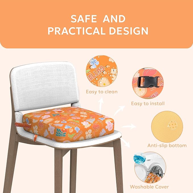Toddler Booster Seat for Dining Table,Portable Kids Booster Seat - Adjustable, Non-Slip, Lightweight & Easy to Clean(Orange)