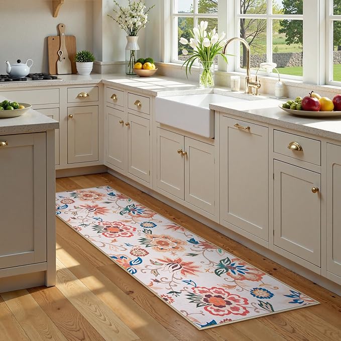 Beeiva Floral 2x6 Runner Rug Non Slip Washable, Paisley Washable Kitchen Rugs with Low Pile, Ultra Thin Carpet for Hallway Runner Laundry Bathroom (Beige,2'x6')