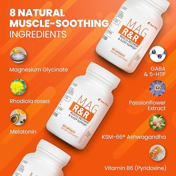 SaltWrap Mag R&R - Nighttime Muscle Cramps Support, Natural Sleep Support for Adults with Magnesium Glycinate for Muscle Spasm and Leg Cramps Relief, 90 Capsules