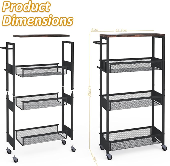 Slim Rolling Storage Cart, 4 Tier Metal Narrow Utility Cart with Handle and Wood Top, Multifunctional Small Mobile Shelf Unit Organizer Trolley for Laundry, Bathroom, Kitchen