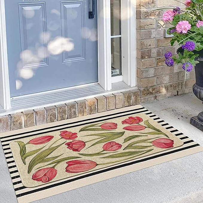 Welcome Spring Door Mat Tulip Flowers Floral Doormat Indoor Outdoor Entrance Outdoor Rug Low-Profile Floor Rug Non Slip Spring Summer Decor Rubber Mats for Home Decoration 17x36Inch