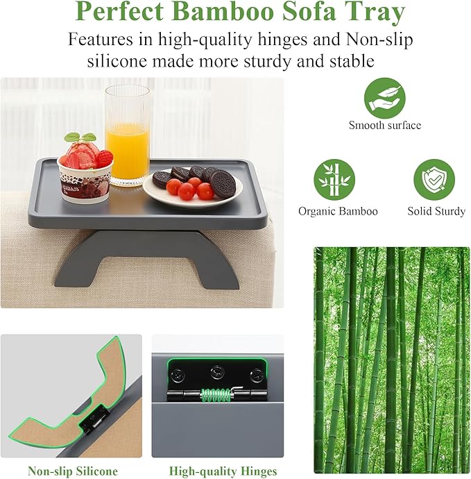 SINWANT Couch Arm Table,Sofa Arm Clip on Tray Tables,Bamboo Couch Armrest Table Suitable for Home Drinks/Eat/Fruit, Snack Chair Tray for Drink Eating