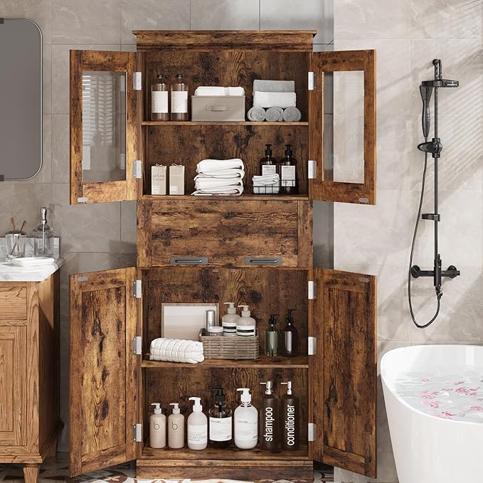 GarveeHome 67" Tall Bathroom Cabinet with 4 Doors & Flip Glass Drawer, Storage Cabinet with Adjustable Shelves, Freestanding Organizer for Kitchen, Living Room (Rustic Brown)
