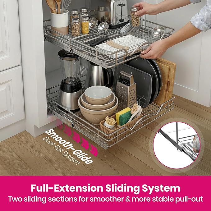 HOLDN’ STORAGE Two Tier Pull Out Cabinet Organizer, Individual Sliding Drawers - Heavy Duty Metal with Lifetime Limited Warranty - Anti Rust Chrome Finish - 30" W x 21”D x 16.5" H