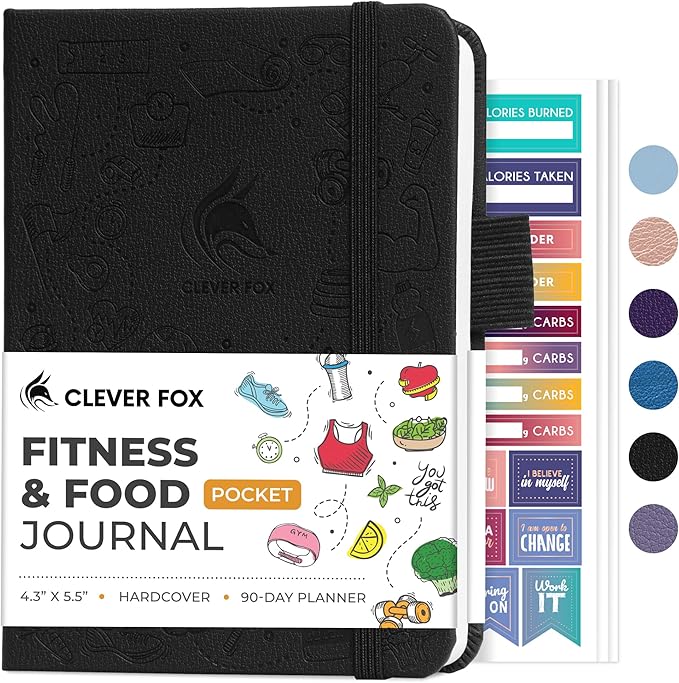 Clever Fox Fitness & Food Journal Pocket – Nutrition & Workout Planner for Women & Men – Diet & Gym Exercise Log Book with Calendars, Diet & Training Trackers – Lasts 3 Months, 4.3x5.5” (Black)