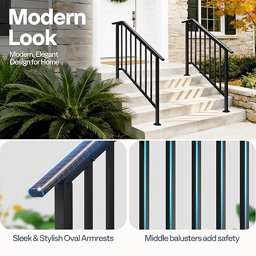 VIVOHOME 2-Pack 4 Step Galvanized Steel Hand Rails for Outdoor Steps – Black Oval and Safety Balusters Exterior Railing for Porch, Deck, or Indoor Stairs, Complete Installation Kit