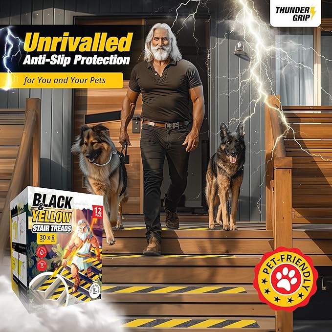 Black and Yellow Non Slip Strips for Steps 30" x 6" 12-Pack Outdoor Stair Treads - Waterproof Anti Slip Grip Tape for Safety Walk - Strong Adhesive Caution Tape for Floor and Ramps by Thunder Grip
