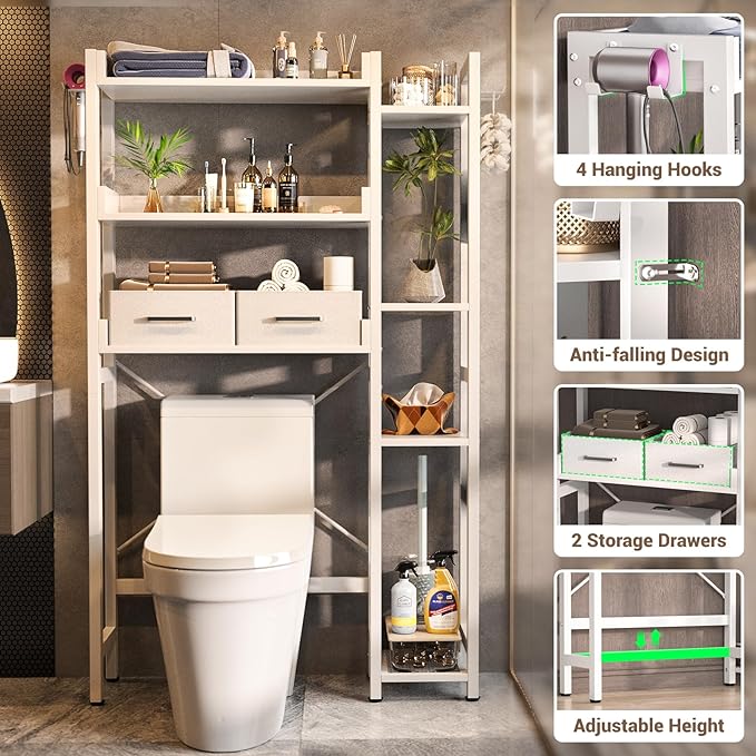 Over The Toilet Storage with 2 Drawers - 7 Tier Bathroom Organizer with Adjustable Shelf, Freestanding Space Saver Storage Rack Above Toilet Stand with 4 Hooks for Restroom, Laundry, White