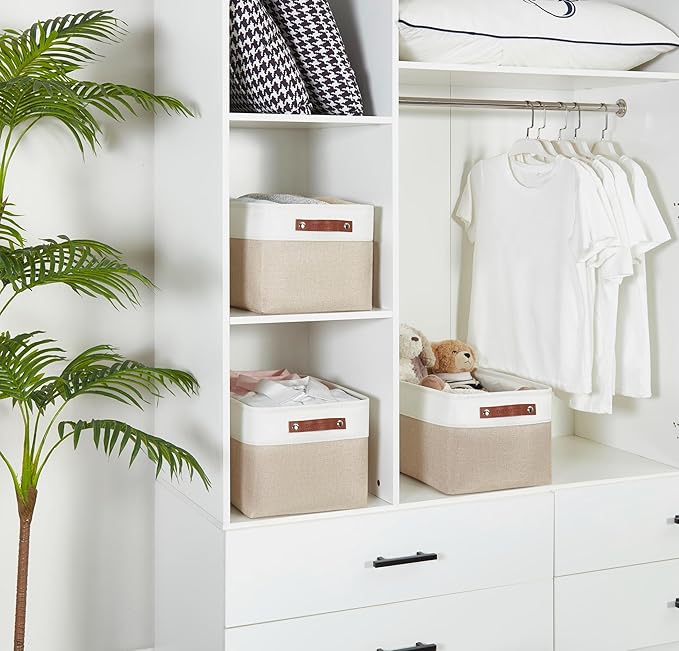 DECOMOMO Storage Baskets for Shelves - Fabric Storage Bins, Linen Closet Organizers and Storage (Beige & White, Large - 1 Pack)