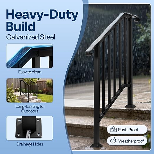 VIVOHOME 2-Pack 3 Step Galvanized Steel Hand Rails for Outdoor Steps – Curved Ends and Safety Balusters Exterior Railing for Porch, Deck, or Indoor Stairs, Complete Installation Kit