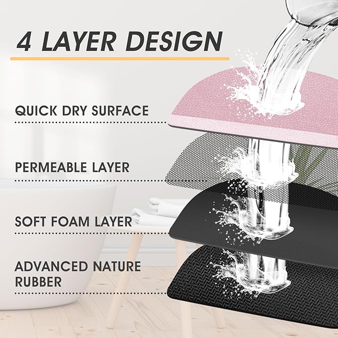 Ultra Thin Bath Mat, Upgrade Backing Non Slip Thin Bath Mats Fit Under Door, Quick Dry Ultra Absorbent Bathroom Rugs, Machine Washable Bath Rugs for Bathroom, Bathtub & Kitchen, Pink/Bordered/32"x20"