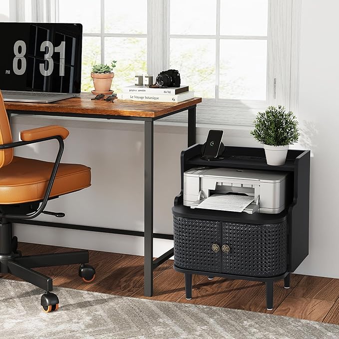 Metal Rattan End Table Set of 2 with Charging Station, Mid Century Modern Nightstand with 2 Doors, Bed Side Table with Storage for Couch,Living Room, Sofa Side Table for Office,Dorm - Black
