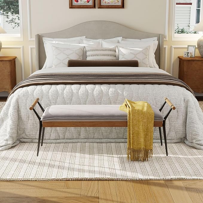 LukeAlon Modern Chenille Entryway Bench, Upholstered End of Bed Bench with Arms Classic Bedroom Ottoman Bench with Metal Legs Elegant Footstool for Entrance Living Room, Grey