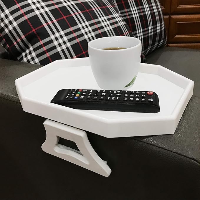 NHD Sofa Armrest Clip Table – No-Slip Couch Tray for Drinks, Snacks, Remote – Adjustable Armchair Table for Living Room, Bedroom, Dorm – Fits Most Armrests (White)