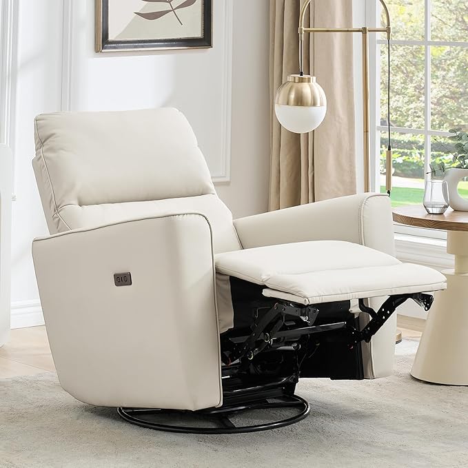 Power Recliner Chair Swivel Glider Faux Leather Upholstered Nursery Rocker Reclining Sofa Chair with Charging Port, Curved Armrests & Padded Backrest for Living Room and Bedroom(Power Beige)