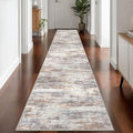KOZYFLY Modern Abstract Washable Rug Runner 2.6x14 Hallway Rug Runner Non-Slip Soft Kitchen Runner Rugs, Multi Grey Striped Carpet for Entryway Bathroom Laundry Room Foyer