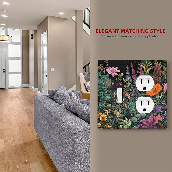 Decorative Outlet Covers Colorful Floral Dark Sky Wildflower Plants 2 Gang Duplex Light Switch Cover Plate Gfci Wall Plate Plug Switch Plate Covers for Bathroom Decor