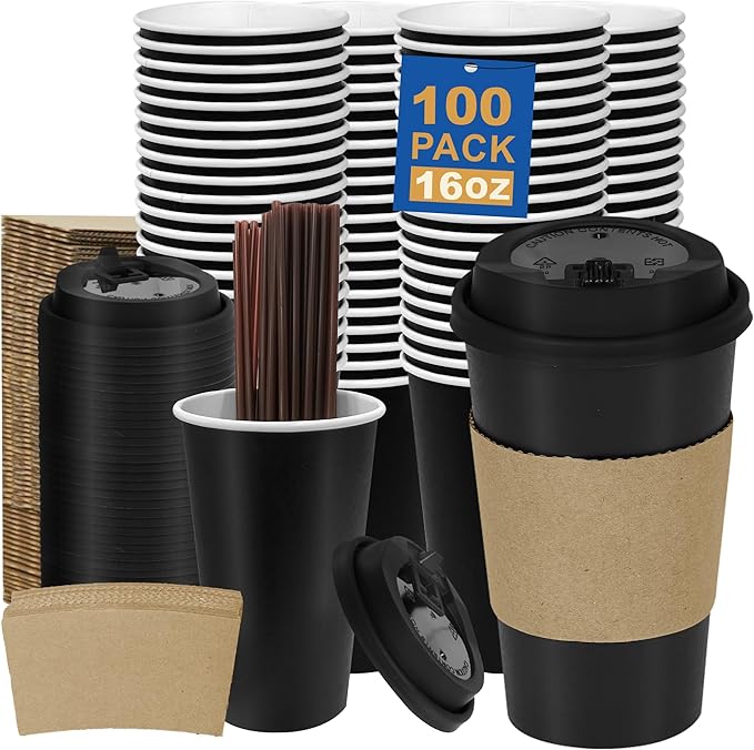 16 oz 100 Pack Coffee Cups with Lids and Sleeves, Straws, Hot Disposable To Go Travel Paper Cups Bulk for Office, Home Coffee Bar Accessories, Chocolate, Cocoa, Beverage (Black)