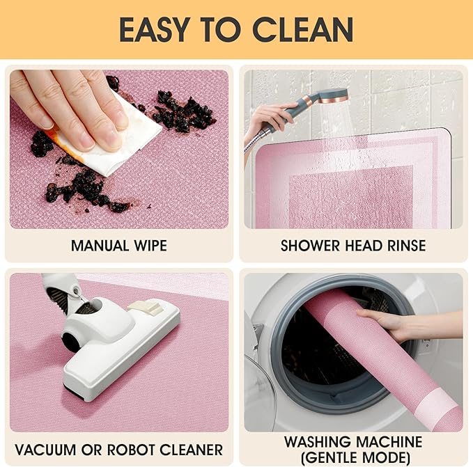 Ultra Thin Bath Mat, Upgrade Backing Non Slip Thin Bath Mats Fit Under Door, Quick Dry Ultra Absorbent Bathroom Rugs, Machine Washable Bath Rugs for Bathroom, Bathtub & Kitchen, Pink/Bordered/24"x17"