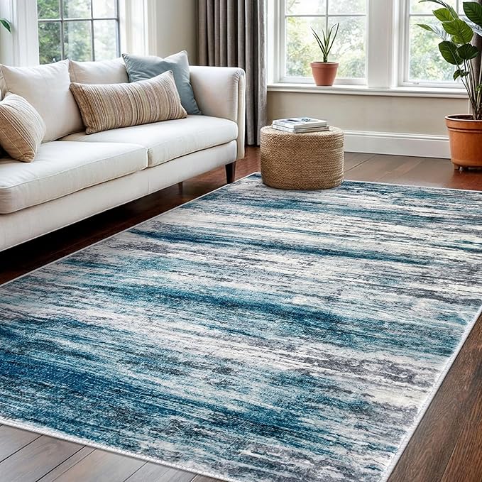KOZYFLY 4x6 Area Rug Modern Abstract Washable Large Entryway Rug Non-Slip Soft Living Room Rugs, Print Blue Throw Rugs Indoor Mat for High-Traffic Door Entrance, Laundry, Nursery, Bedroom