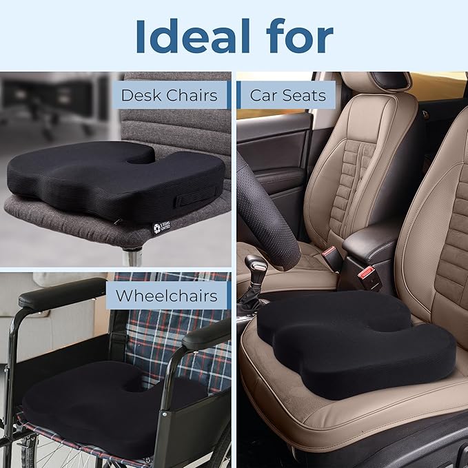 5 STARS UNITED Seat Cushion for Tailbone Pain Relief – Large Memory Foam Cushion for Coccyx, Hip, Sciatica & Post-Surgery Recovery – Wheelchair, Car, Desk, Gaming & Office Chairs, Black