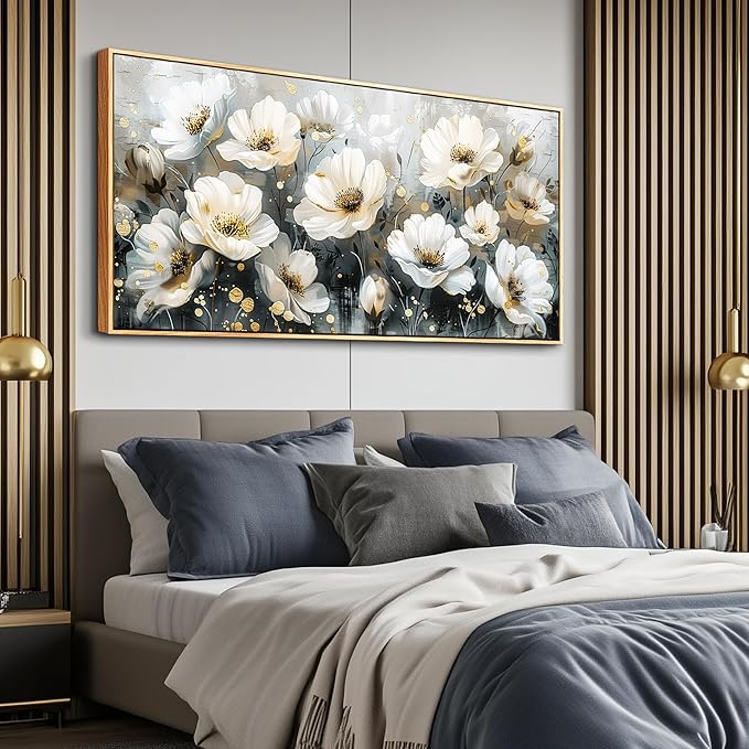 PHAOHUAXM Wall Decor For Living Room Canvas Wall Art For Bedroom Office Print Artwork White Ink-Wash Flower-Shaped Wooden Frame Murals Artwork For Modern Posters Restaurant Home Decoration 20"X40"